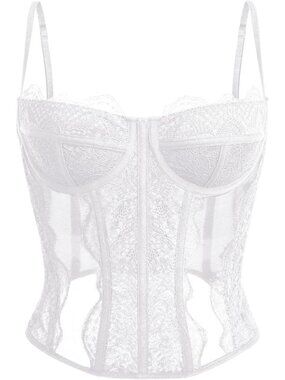 Women's White Boned Lace Mesh Underwire Bustier Spaghetti Strap Corset Tank Top